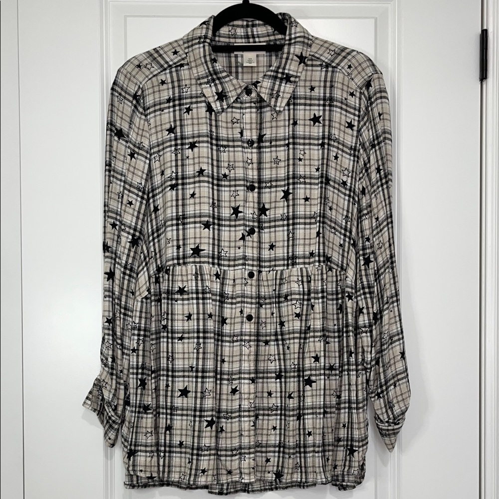 Style & Co. Black and Cream Plaid and Stars Shirt
